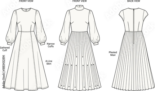 Women long sleeve maxi dress technical flats, front and back views, A line and pleated skirt fashion