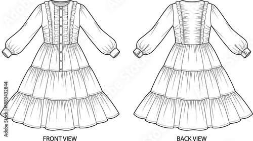 Women long sleeve tiered dress technical flat sketch, fashion design illustration, front back views, button front garment drawing