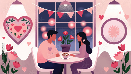 Couple on Valentines date in cozy cafe with coffee and flowers romantic evening celebration illustration