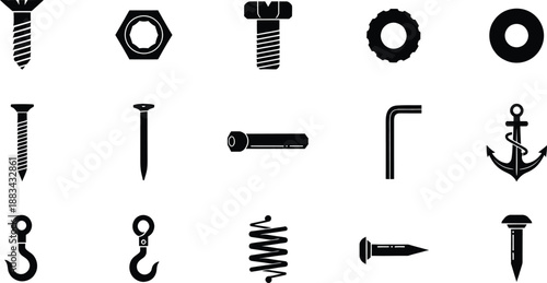 Collection of various black icons representing hardware, fasteners, and tools
