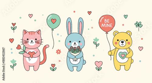 Cute cartoon animals cat bunny bear holding flowers balloons hearts romantic Valentines day illustration