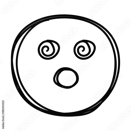 Dizzy or surprised doodle emoji face icon in hand drawn sketch style, emotion icon, vector illustration