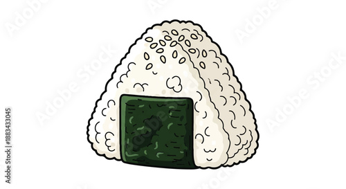 Detail Illustration of Traditional Japanese Onigiri Rice Ball with Seaweed Wrap on White Background