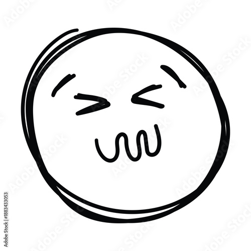 Annoyed or frustrated doodle emoji face icon in hand drawn sketch style, emotion icon, vector illustration