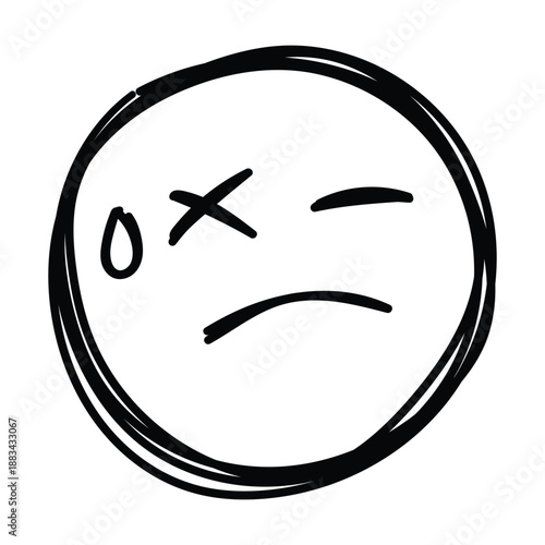 Sad or disappointed doodle emoji face icon in hand drawn sketch style, emotion icon, vector illustration