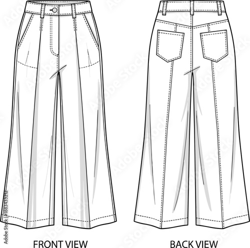 Women wide leg pants technical flat, front and back view, high waist denim style fashion template