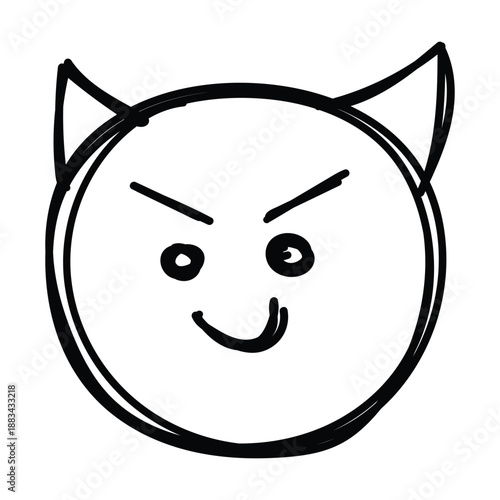 Hand drawn smiley face with horns and mischievous smirk