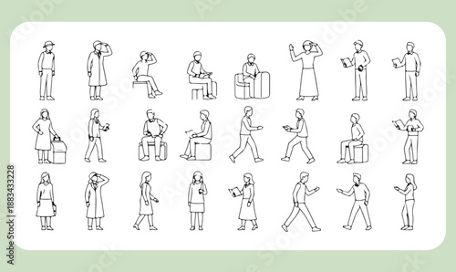 Set of black and white line drawings depicting people waiting reading and carrying luggage