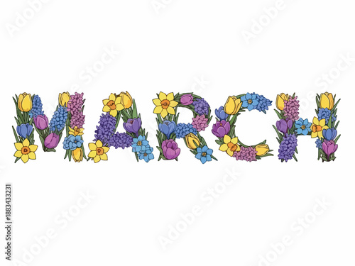 March Floral Display A Colorful Bouquet of Spring Flowers Arranged to Spell Out the Month