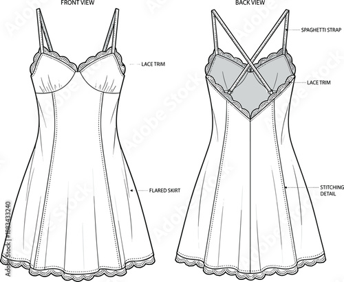 Women spaghetti strap dress technical flat sketch, fashion design illustration, front back views, lace trim flared skirt garment drawing