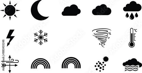 A collection of black and white vector icons representing various weather conditions and natural phenomena