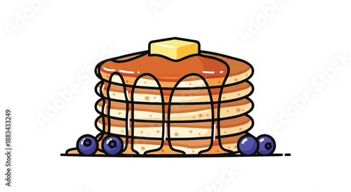 Stack of Fluffy Pancakes with Melting Butter, Maple Syrup Drizzle and Fresh Blueberries Illustration
