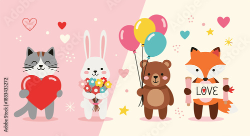 Cute animals celebration valentine's day cat rabbit bear fox holding love symbols vector illustration
