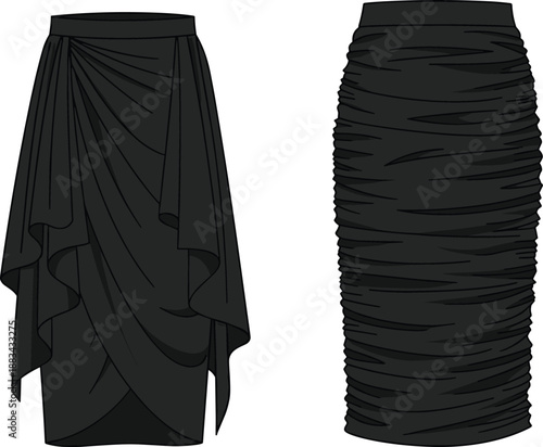 Women’s black draped skirt technical fashion illustration, front and back view, ruched midi skirt flat apparel design