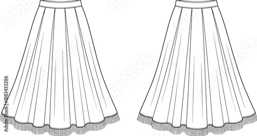 Women’s pleated maxi skirt, fashion technical flat sketch, high waist design, fringe hem detail, elegant apparel illustration