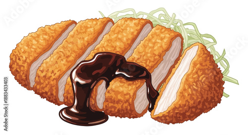 Crispy Deep Fried Japanese Pork Cutlet Tonkatsu with Savory Brown Sauce and Shredded Cabbage