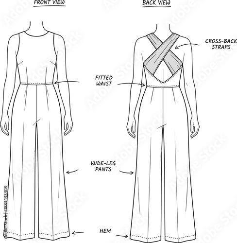 Women's wide leg jumpsuit technical fashion drawing, front and back views with cross back straps and fitted waist