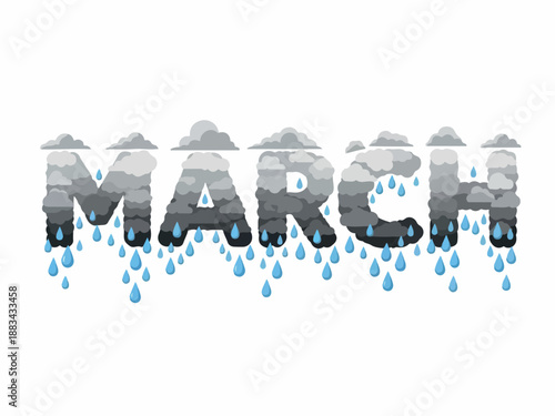 March Typography Rainy Clouds and Water Droplets Design for Seasonal Theme and Decoration