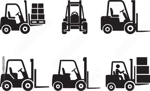 Forklift truck icons set for warehouse logistics cargo handling and industrial transport
