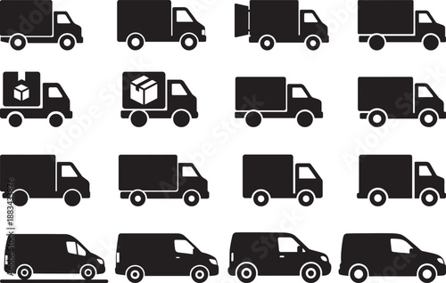 Delivery truck icons set black cargo and van vehicle bundle for logistics transport design
