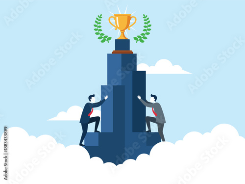 Business Success and Teamwork Concept Illustration – Two Businessmen Climbing Toward Trophy