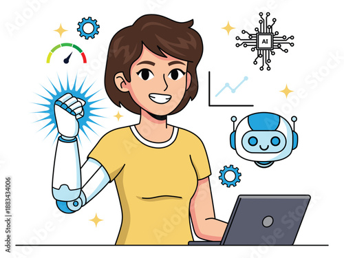 Modern flat illustration of a woman working with artificial intelligence technology, featuring a robotic arm, AI icons, data charts, and laptop