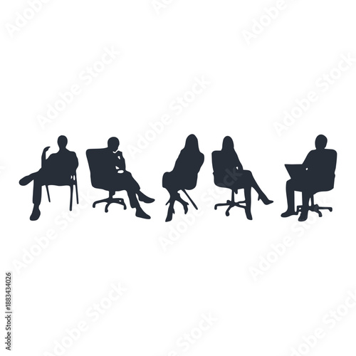 Vector silhouette of business meeting, teamwork discussion in office,professional, people talking at table,group communication in workplace.