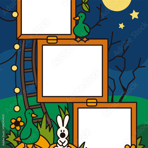 Night Garden Photo Collage, Duck Rabbit and Moonlit Frames for Kids Memories
