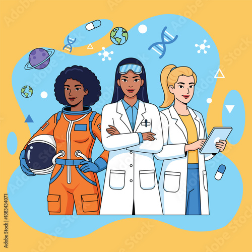 Modern flat vector illustration of diverse women working in science, technology, engineering, and medicine