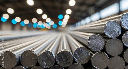 Close-up of stacked metal rods in a warehouse with blurred lights in the background