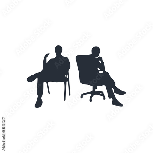 Vector silhouette of business meeting, teamwork discussion in office,professional, people talking at table,group communication in workplace.