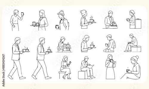 Set of people enjoying coffee and food service with various activities illustration vector