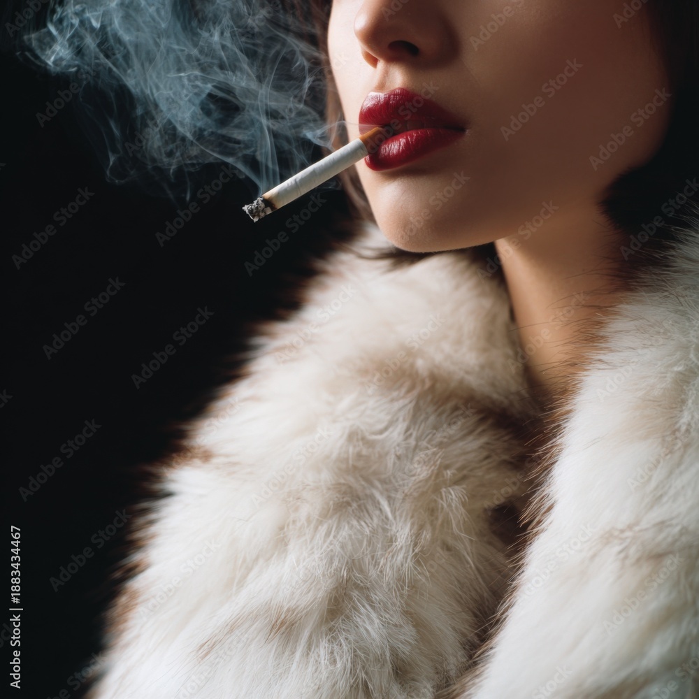 Obraz premium Asian female in fur coat smoking a cigarette in dramatic lighting