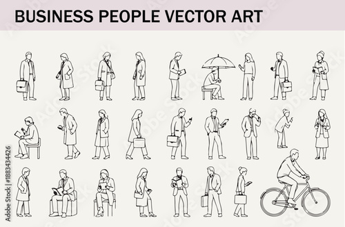 Outline drawing of various business people walking and sitting working with their devices