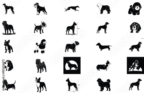 Collection of dog silhouettes in various poses and breeds displayed against a simple backdrop from different viewpoints