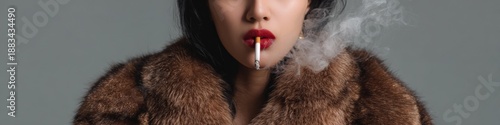 Asian woman smoking in fur coat with red lips