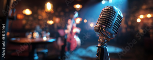 Retro microphone on a stage in a jazz club with a blurred background.