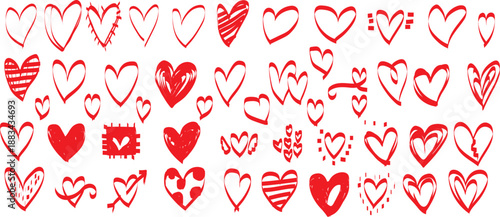 A diverse collection of hand-drawn red heart shapes in various artistic styles. This image features a vibrant assortment of numerous hand-drawn red heart shapes, presented against a clean white