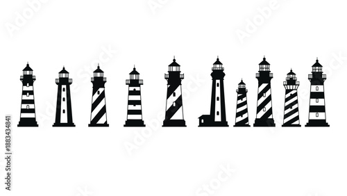 Series of lighthouses in various designs isolated on white background, Vector