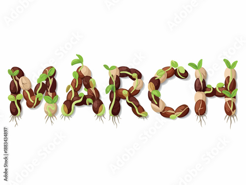 Creative March Text Composition with Growing Plants and Seeds as the Lettering, Spring Theme