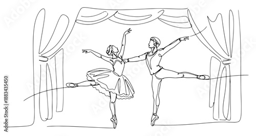 Ballet Dancers Couple on Stage Continuous Line Art. Ballerina and Partner Performance with Curtains. Theatrical Dance Sketch.