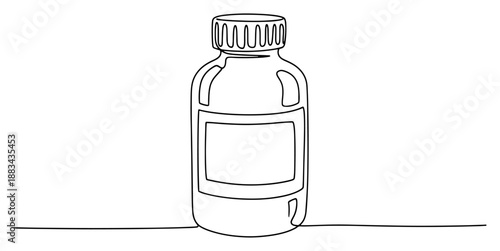 Medicine Bottle Continuous Line Art Vector Illustration. Pharmacy Syrup or Vitamin Container Sketch. Medical Healthcare Concept.