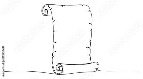 Old Parchment Scroll Continuous Line Art Vector Illustration. Antique Paper Roll Sketch with Copy Space. Ancient Manuscript Concept.