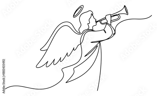 Angel Blowing Trumpet Continuous Line Art Vector Illustration. Christmas Heavenly Messenger Sketch. Religious Divine Symbol.