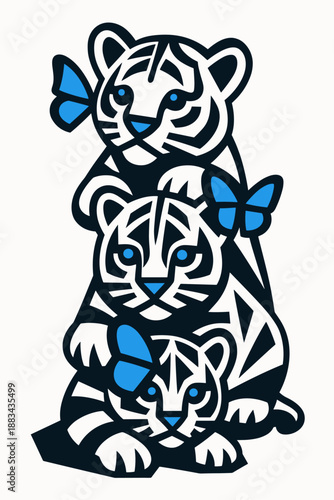 White Tiger Family Stack, Bold Black Stripes and Blue Butterfly Accent