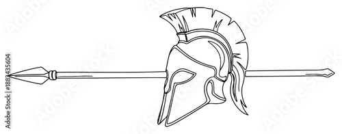Spartan Warrior Helmet and Spear Weapon Continuous Line Art. Ancient Greek Soldier Equipment Sketch. Battle Symbol.