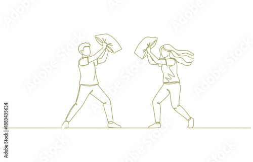 Men stand close to each other swinging pillows to stab an opponent - one line drawing vector illustration 