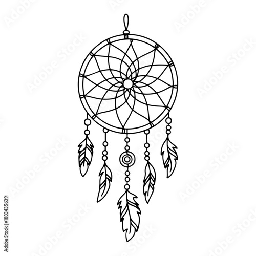 Dreamcatcher with Feathers Continuous Line Art Vector Illustration. Boho Hanging Ornament Sketch. Native American Symbol.