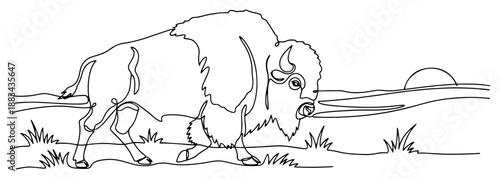 American Bison Buffalo Continuous Line Art Vector Illustration. Wild West Animal Walking in Landscape Sketch.