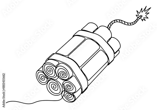 Dynamite Sticks Bundle with Burning Fuse Continuous Line Art. TNT Explosive Bomb Sketch. Mining or Wild West Weapon Concept.